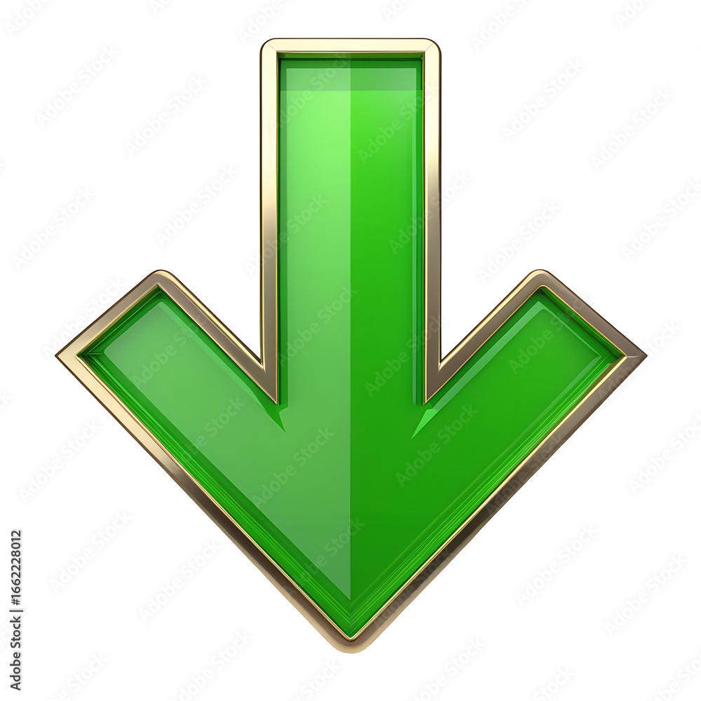 Poster green arrow pointing down with golden border isolated on transparent background
