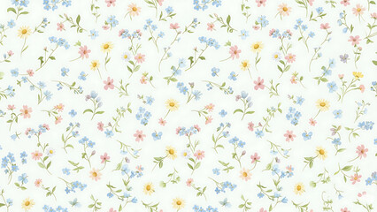 Obraz premium Delicate floral pattern with small pink, blue, and yellow flowers scattered on a white background