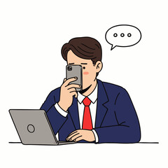 A businessman in a suit uses his smartphone to take a photo of his laptop screen while working at his desk.