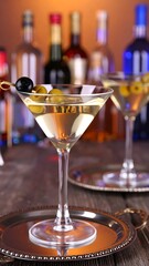 Two martini glasses with olives on a tray
