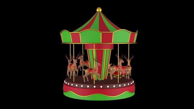 looped 3d carousel with red and whitegreen stripes on gblack screen. animation of christmas carousel with reindeers. christmas merry go round with deers