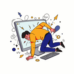 Frustrated man struggling with technology, his head stuck inside a computer screen.