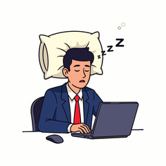 Tired businessman in a suit falls asleep at his desk while working on a laptop with a pillow.