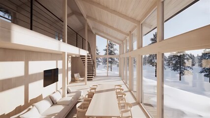 Sunlit modern wooden cabin interior with expansive windows showcasing a snowy winter landscape. - Powered by Adobe