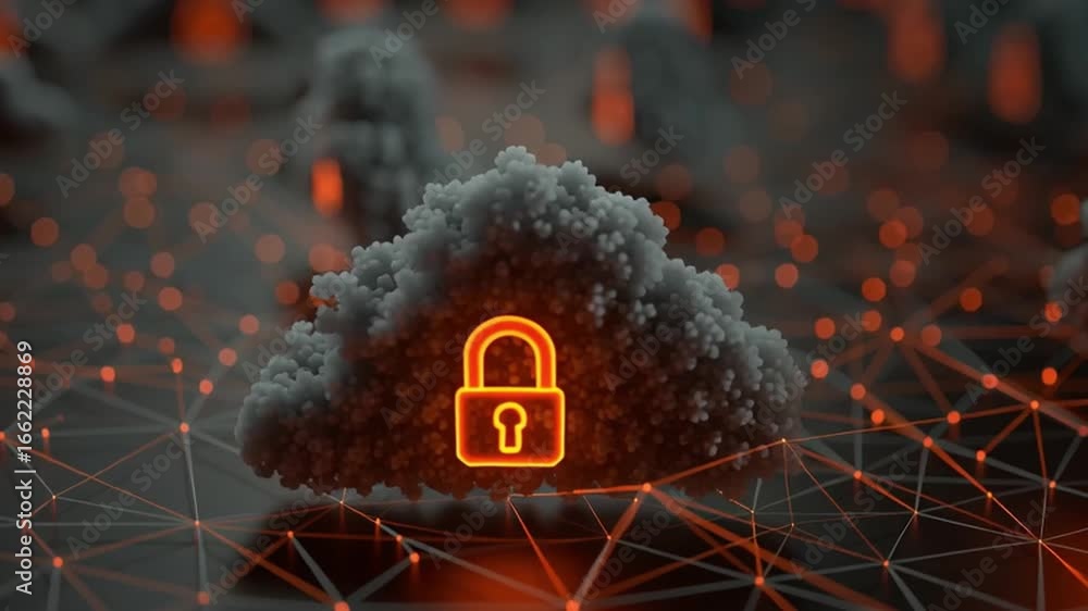 Aufkleber layered security cloud design with lock icons over dark mesh background and glowing network paths fo