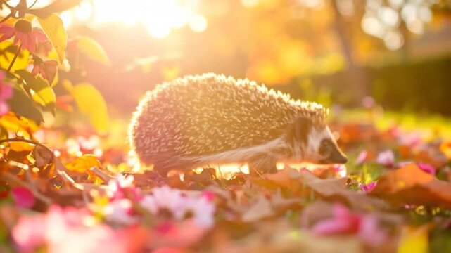 Adorable Hedgehog Exploring Autumnal Garden