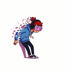 Young person experiencing virtual reality with a headset, dissolving into digital particles, symbolizing immersion and technology.