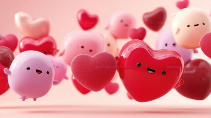 A whimsical 3D rendering of buoyant, cartoonish hearts in various shades of pink and red against a soft pink background