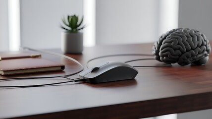 Desktop workstation with computer mouse and brain model symbolizing thought