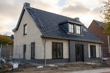 Newly constructed house showcases modern architecture amidst a suburban neighborhood during autumn, with construction materials still visible on the site