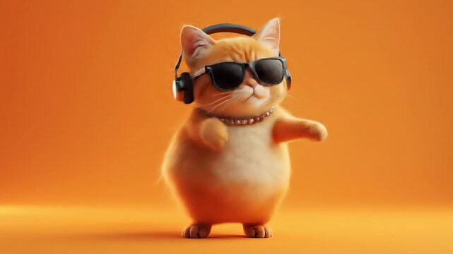 Playful orange cat wearing sunglasses and headphones, dancing against a vibrant orange background