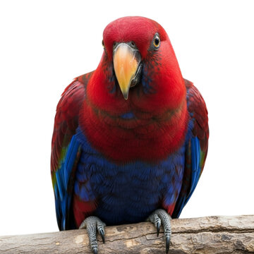 A vibrant electus parrot perched on a branch with a black backdrop displaying its colorful plumage and beak on transparent background