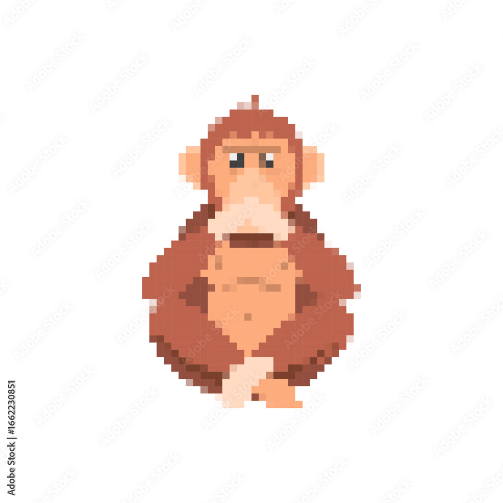 Poster playful mosaic monkey icon in retro pixel art style, featuring classic 8 bit design and expressions.