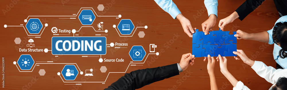 Poster a dynamic scene showcasing a collaborative coding process with professionals engaged in teamwork aro