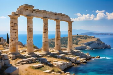 Fototapeta premium The ancient temple of poseidon at sounion, greece, stands in ruins overlooking the aegean sea on a sunny day with scattered clouds