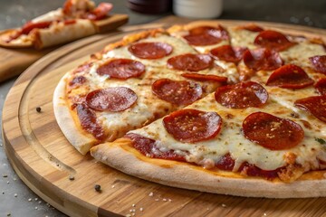 Pizza pepperoni fast food . Top view on rustic background photography