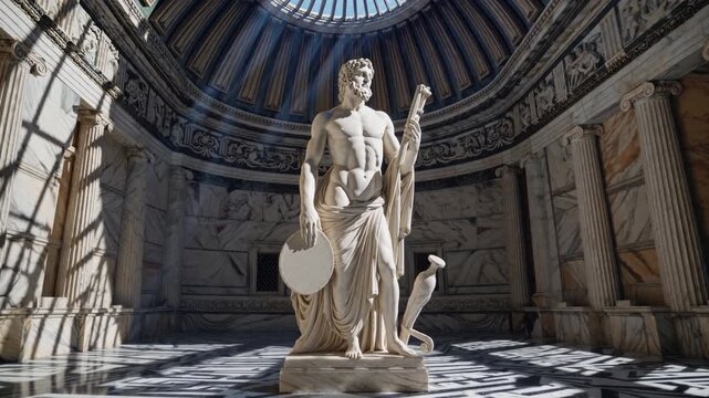 Majestic statue in a grand rotunda, captured from a low angle. Sunlight streams through the dome, creating a cinematic video-like atmosphere.
