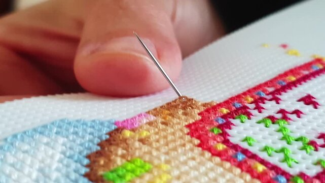 Woman embroidering with a cross, close-up. Handwork, hobby