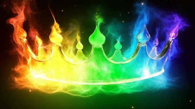 A vibrant, colorful crown enveloped in fiery, rainbow-hued flames
