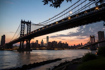 The Manhattan Bridge and skyline in New York City at night