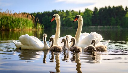 Fototapeta premium Swans and cygnets on a lake