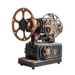Naklejka premium A vintage film projector, evoking nostalgia for old-school cinema, isolated on white background