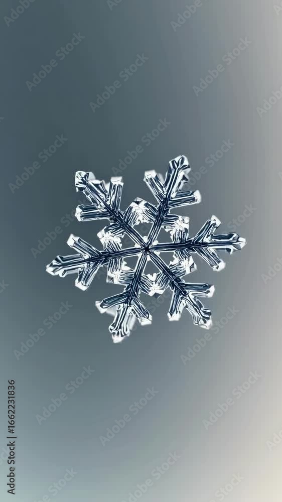Poster close-up video still of a single snowflake on a gradient background. captured from a top-down angle,