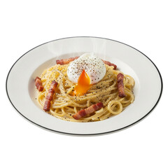 Fototapeta premium A plate of spaghetti carbonara with bacon and a poached egg on top against a black background studio shot on transparent background