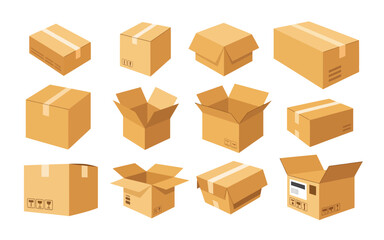 Collection of various cardboard shipping boxes in isometric view