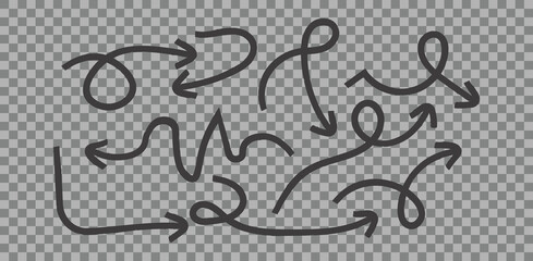 A collection of hand drawn black arrows with various shapes and directions on a transparent background