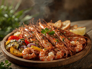 Grilled Prawns and Vegetables Platter with Lemon and Bread Keywords: grilled prawns, shrimp