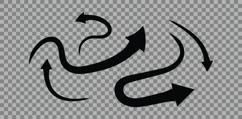 A collection of black curved arrows pointing in various directions on a transparent background design element