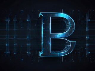 A futuristic letter b glows with neon blue light against a dark, gridlike background, creating a cyber and technologically advanced visual