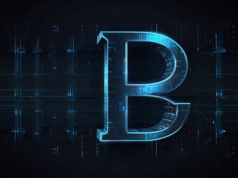 A futuristic letter b glows with neon blue light against a dark, gridlike background, creating a cyber and technologically advanced visual