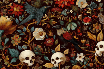 Gothic Dark Floral Pattern: Intricate Skulls, Birds, and Vintage Botanical Elements on a Rich Background