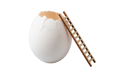 A perfectly formed white chicken egg with a delicate crack revealing its interior, a miniature wooden ladder ascending to the crack, on a transparent background, studio lighting, macro,