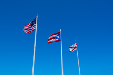 Flags in the Historic Castillo San Cristóbal fortress in San Juan, Puerto Rico