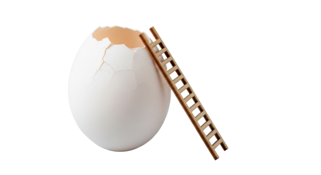 A perfectly formed white chicken egg with a delicate crack revealing its interior, a miniature wooden ladder ascending to the crack, on a transparent background, studio lighting, macro,