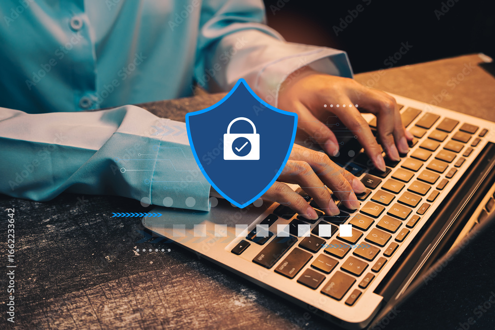 Poster cybersecurity and data protection concept. hands typing on laptop with digital padlock icon for secu