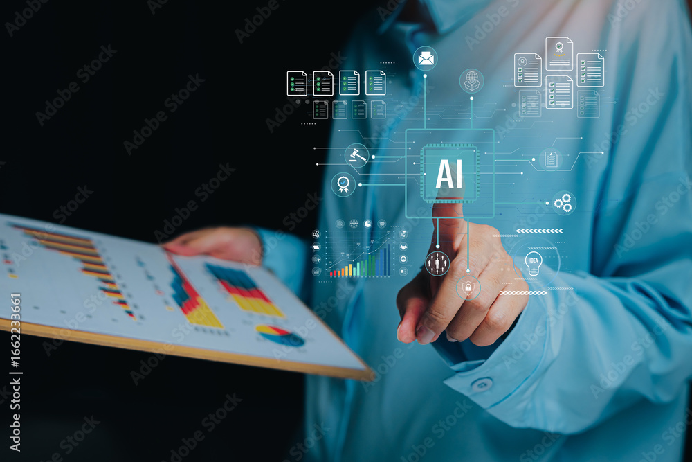 Poster artificial intelligence in data analysis concept. businessman touching ai interface surrounded by da