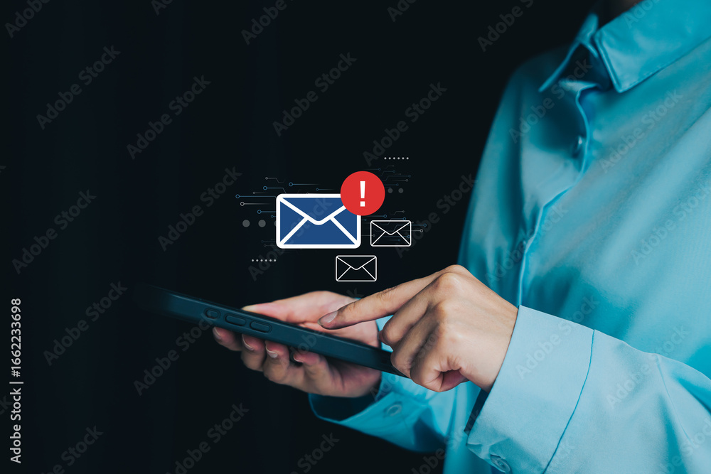 Poster email alert and mobile communication concept. person using tablet with email notification icon for u