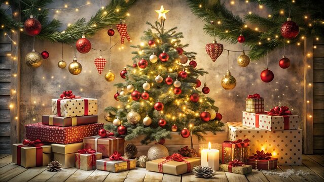 Photo of a beautifully decorated christmas tree with glowing lights, surrounded by stacked gift boxes, candles, and ornaments, set against a rustic wooden background with festive garlands