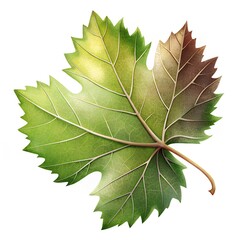 Detailed botanical illustration of a vine leaf with green and brown hues, showcasing intricate vein texture. Ideal for vineyard themes, natural decor, eco-packaging, and wine label designs.