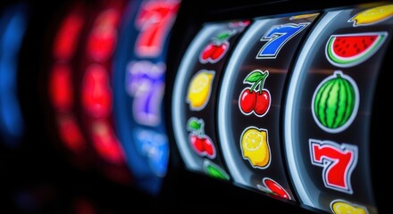 Close up of slot machine reels with fruit and number symbols. Vintage gambling game for casino and entertainment concept.