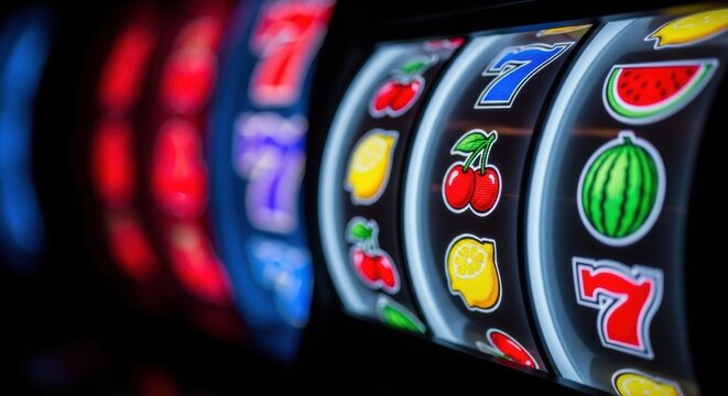 Close up of slot machine reels with fruit and number symbols. Vintage gambling game for casino and entertainment concept.