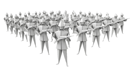 Origami of white army soldiers strategically in combat stance with rifles, isolated against a white background.