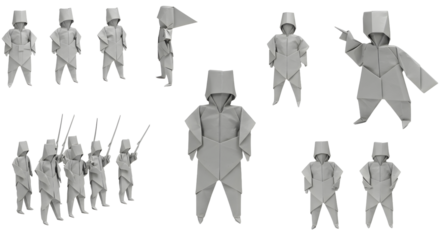 Collection of origami soldier figures in various poses, isolated on white background