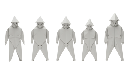 Five origami figures in gray paper, each with a hood and a pointed hat, standing in a row isolated on white background