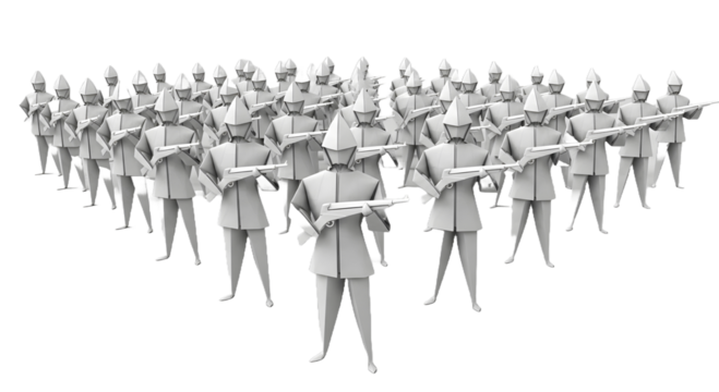 Origami of white army soldiers strategically in combat stance with rifles, isolated against a white background.