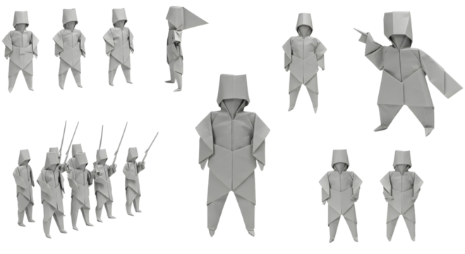 Collection of origami soldier figures in various poses, isolated on white background